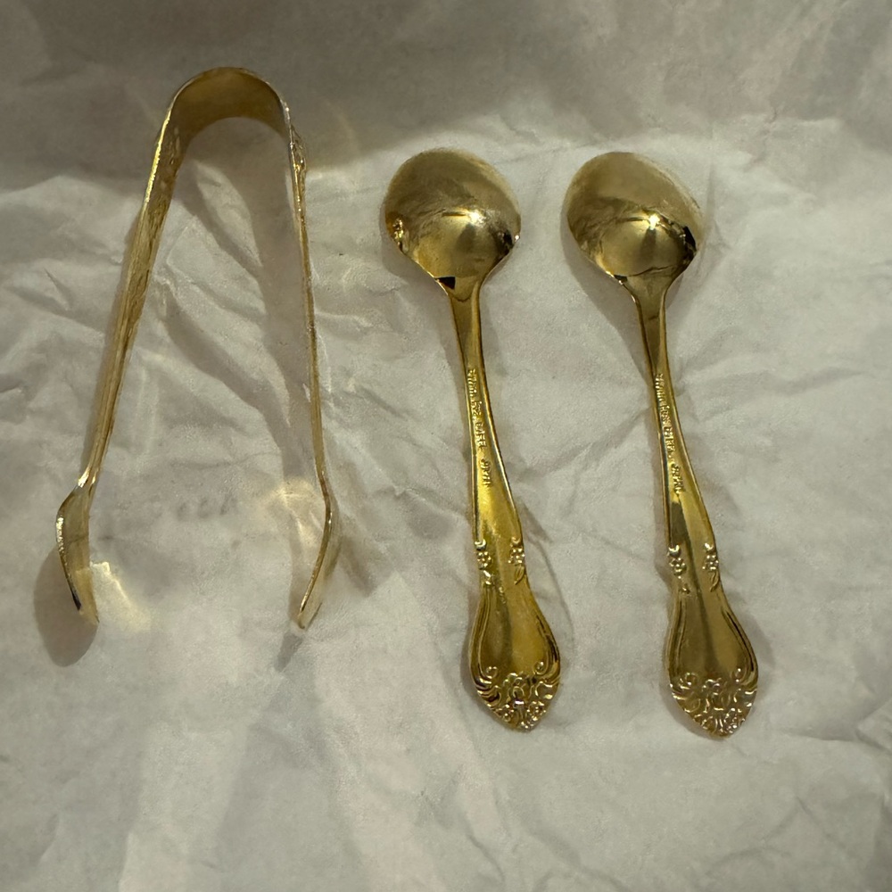 Vintage Gold Cutlery Set Sugar Spoons and Tongs Japan